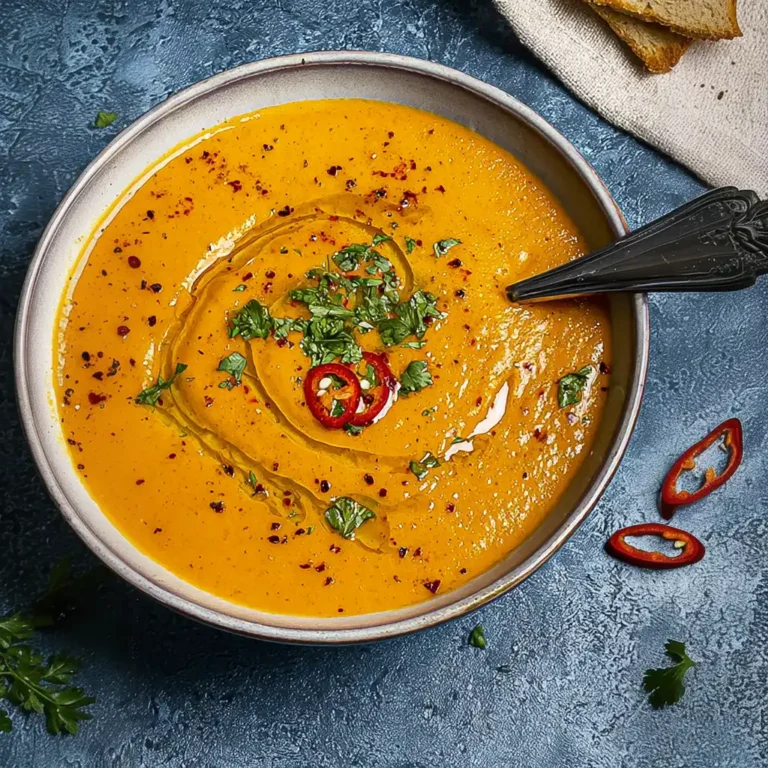 A bowl of delicious roasted red pepper soup garnished with fresh herbs