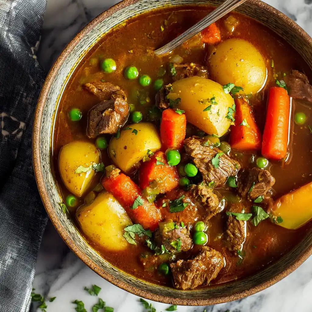 Hearty lamb stew with fresh vegetables in a rustic bowl
