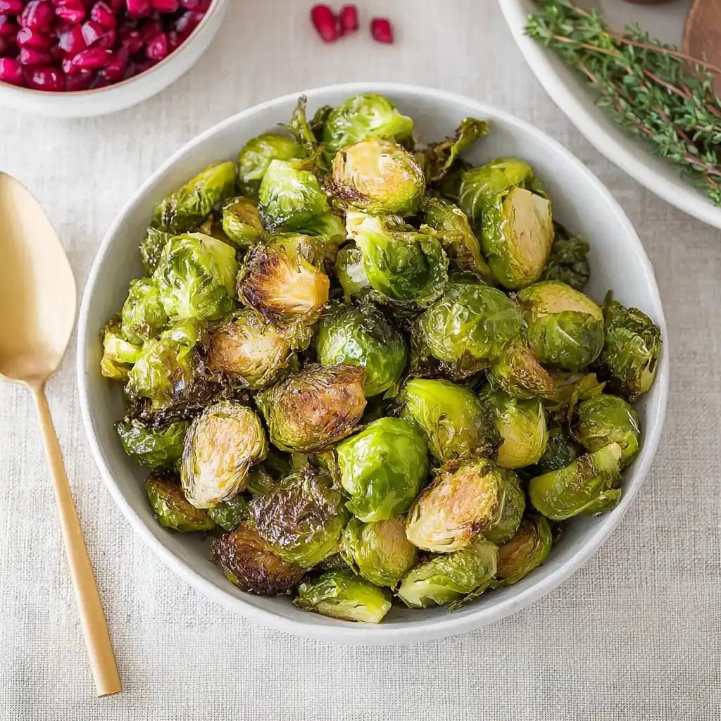 Oven Roasted Brussels Sprouts garnished and ready to serve