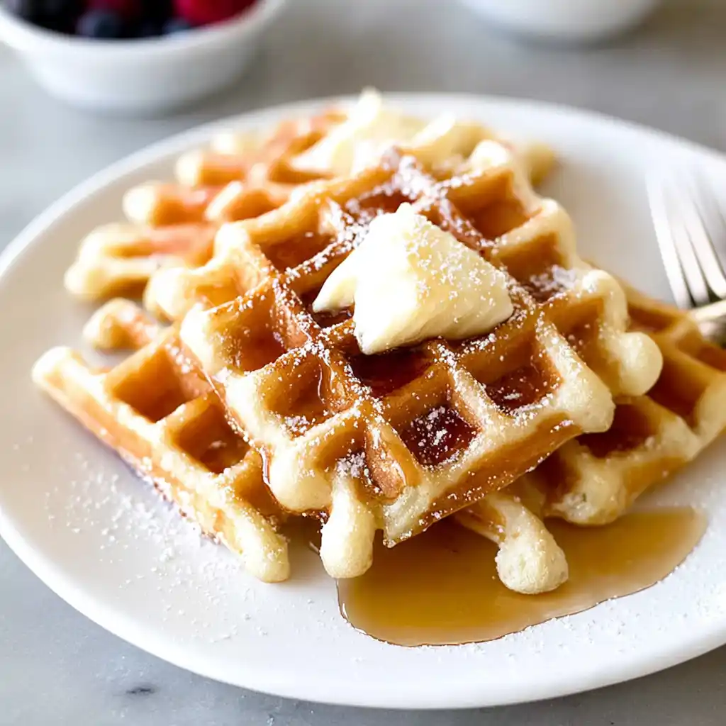 Delicious golden brown Belgian waffles topped with fresh fruit and syrup