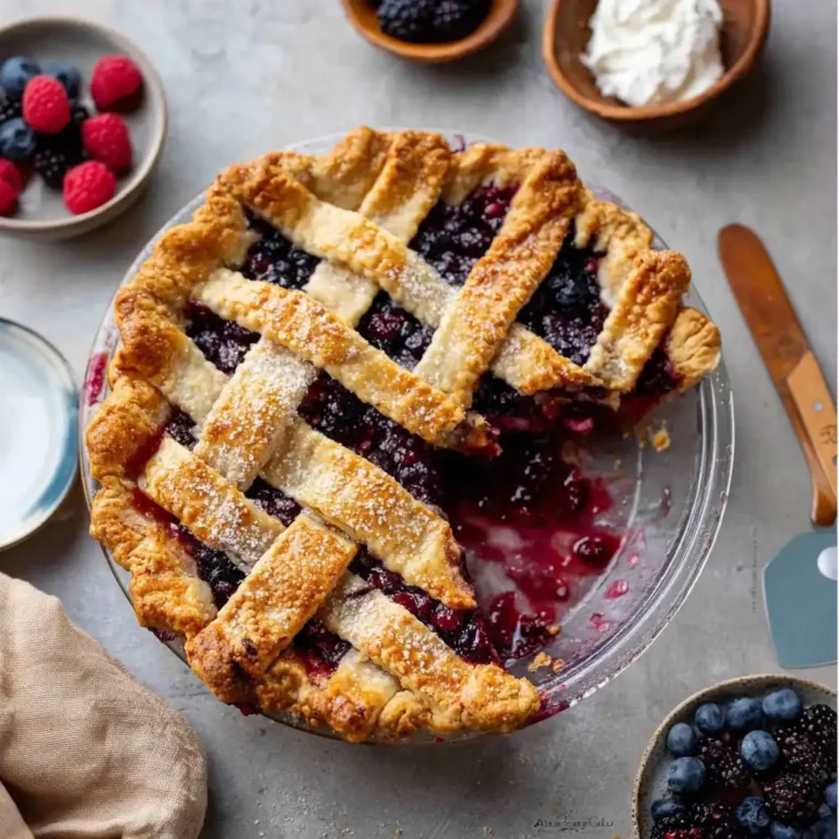 Delicious Triple Berry Pie topped with fresh berries and a golden crust