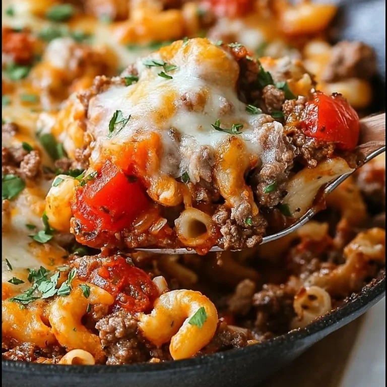 Delicious Beef Lombardi Casserole topped with cheese and herbs