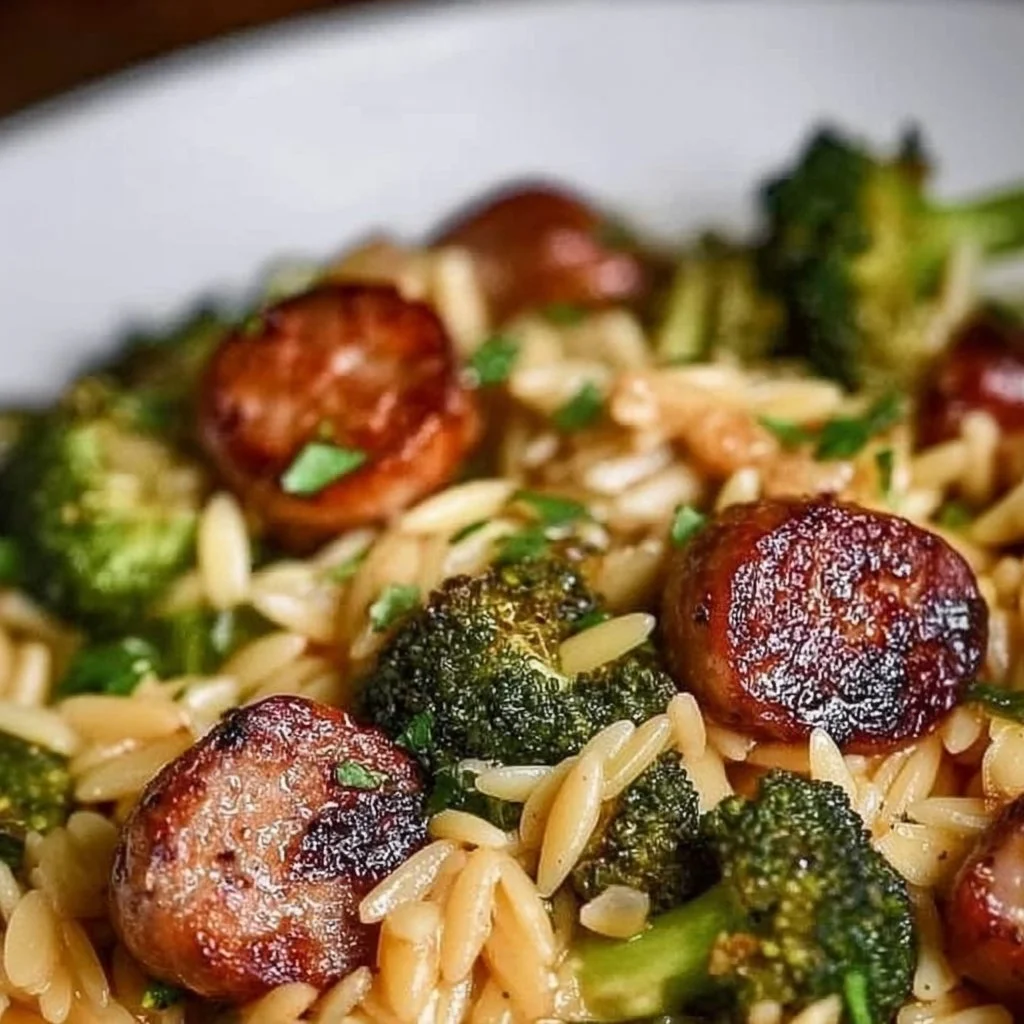 Delicious Chicken Sausage and Broccoli Orzo dish on a white plate