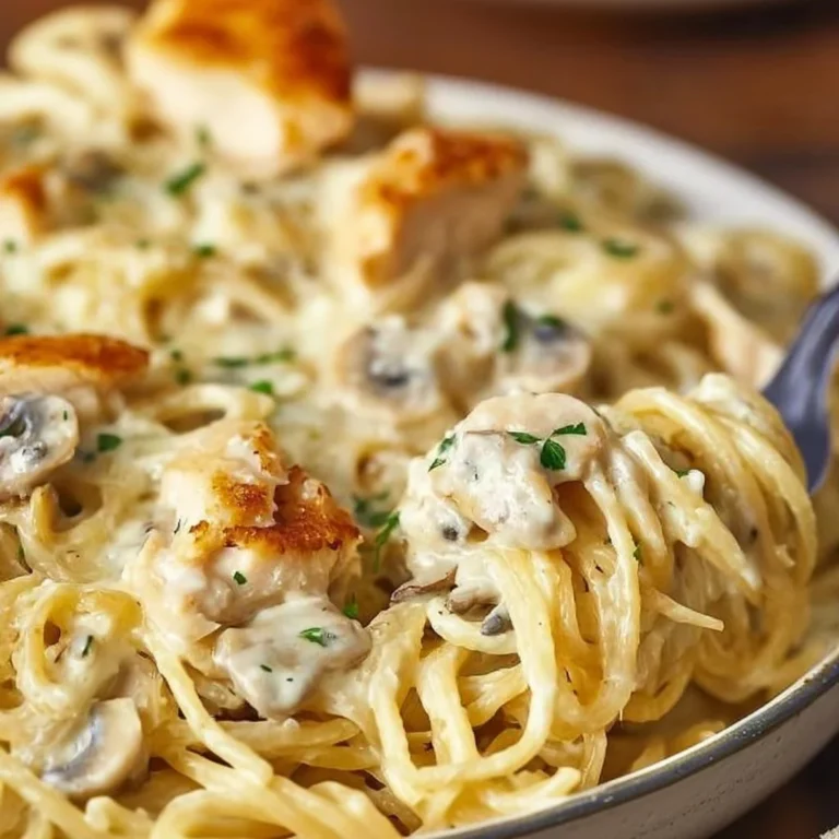Creamy Chicken Tetrazzini casserole with pasta and mushrooms