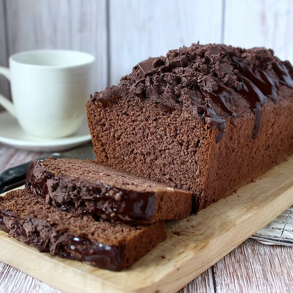 Delicious Chocolate Loaf Cake topped with smooth ganache