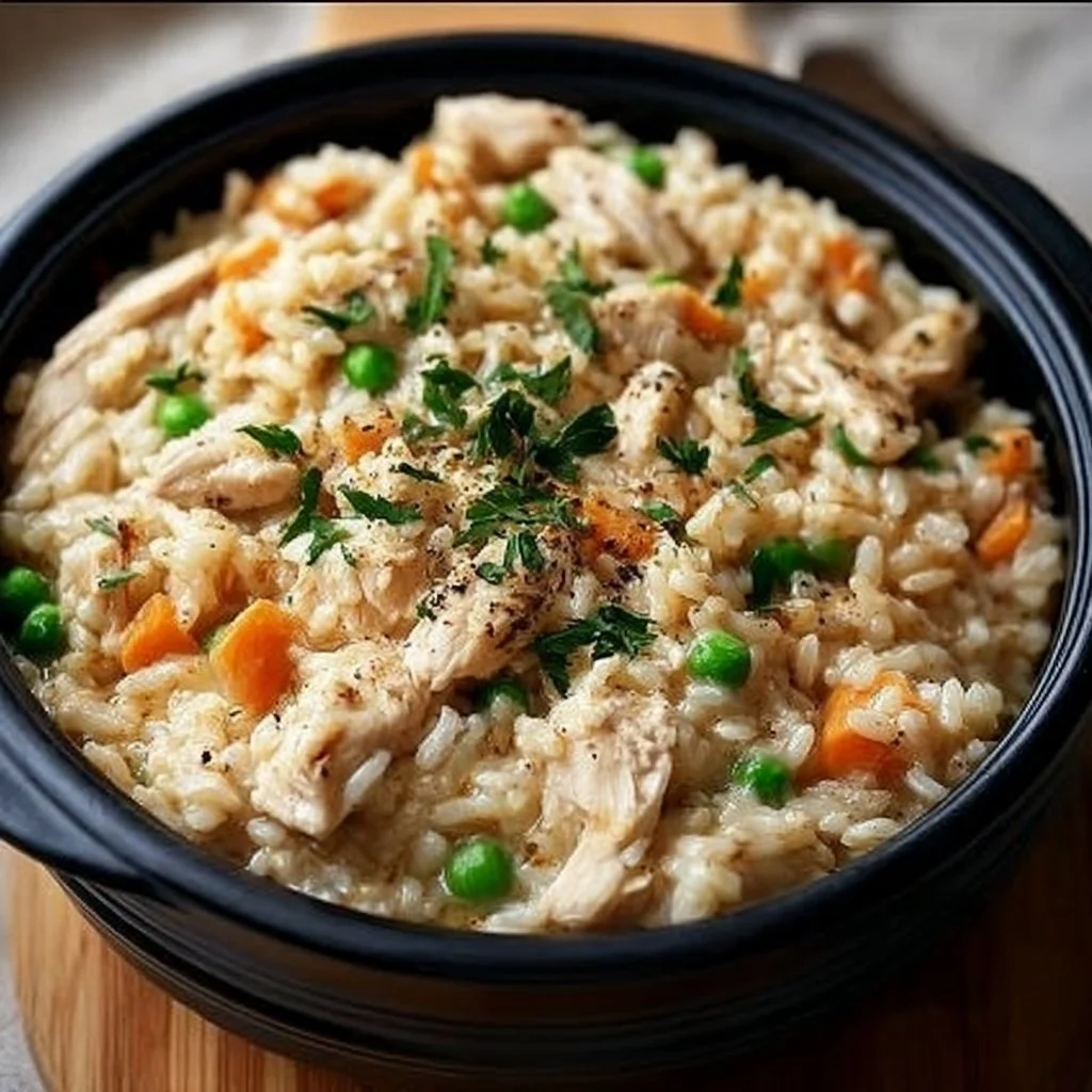 Creamy chicken and rice dish garnished with herbs on a plate