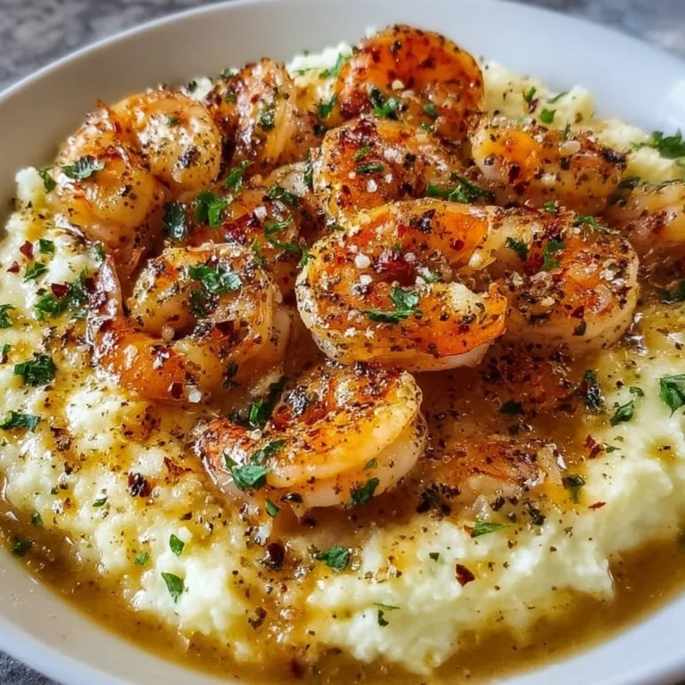 Creamy garlic shrimp served over mashed potatoes in a delicious dish.