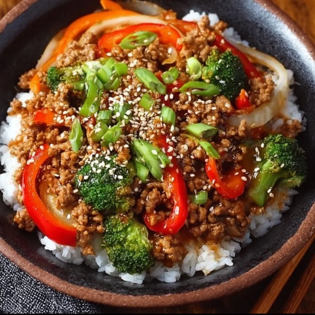 Ground Turkey Teriyaki Rice Bowls topped with fresh veggies and savory sauce