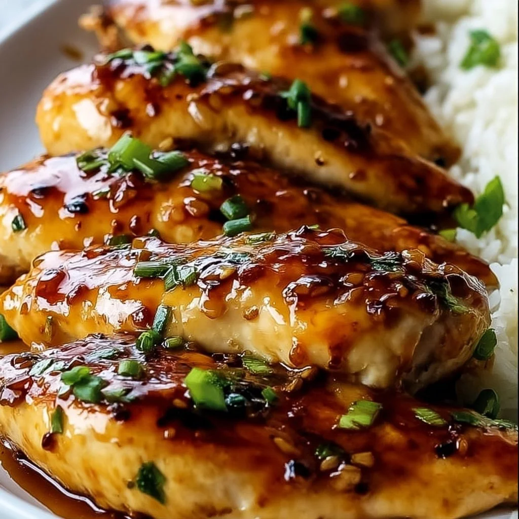 Honey garlic chicken breasts served on a plate with veggies