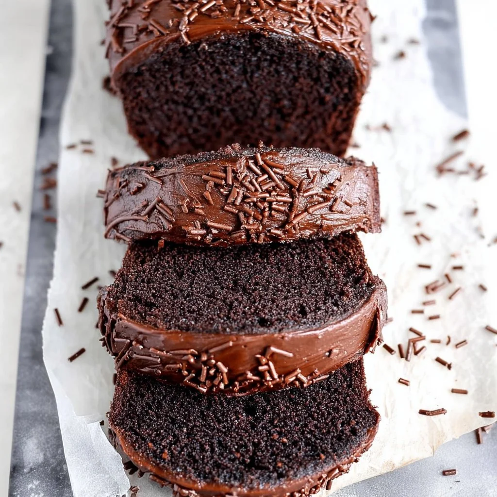 Moist olive oil chocolate loaf cake served on a decorative plate