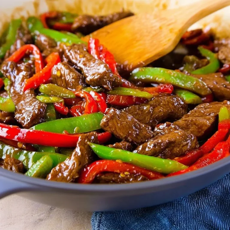 Pepper steak stir-fry with colorful vegetables in a skillet.