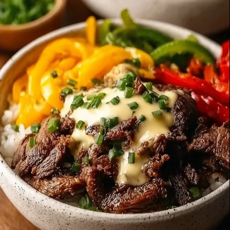 Delicious Philly Cheesesteak Bowl topped with melted cheese and fresh ingredients.