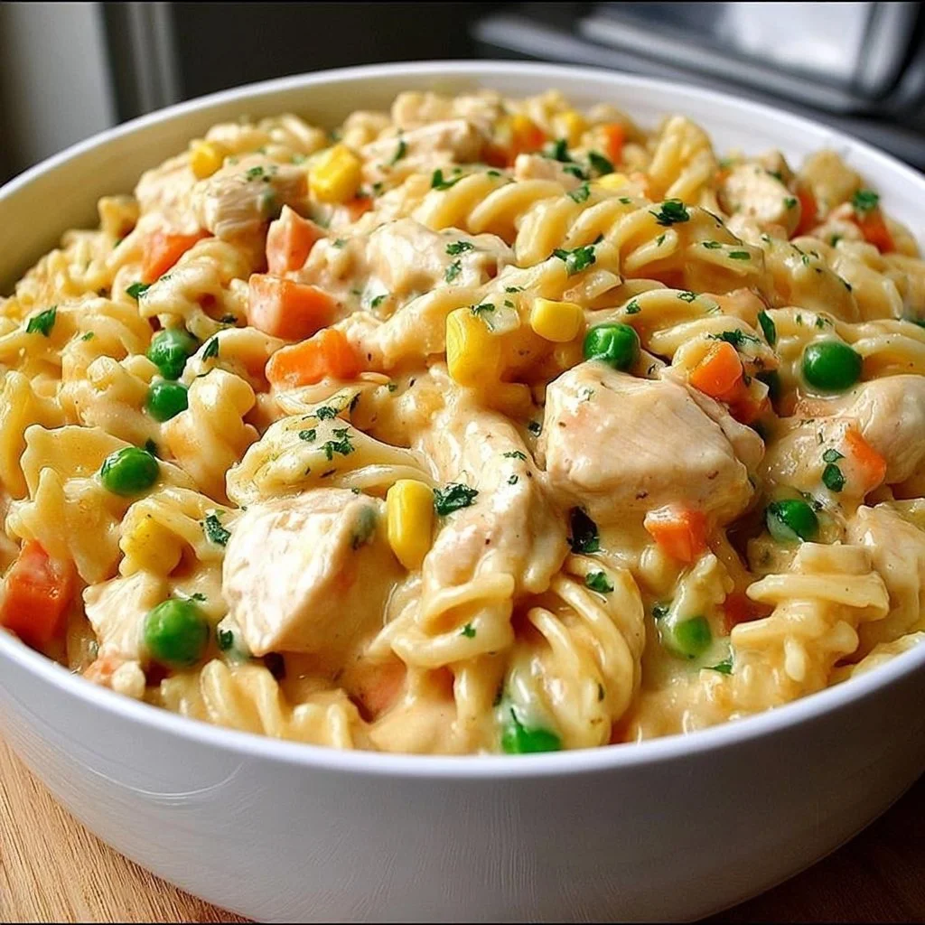 Delicious quick chicken pot pie pasta served in a bowl, perfect for fall dinners.