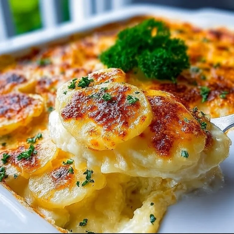 Creamy scalloped potatoes with three cheeses, baked to perfection.