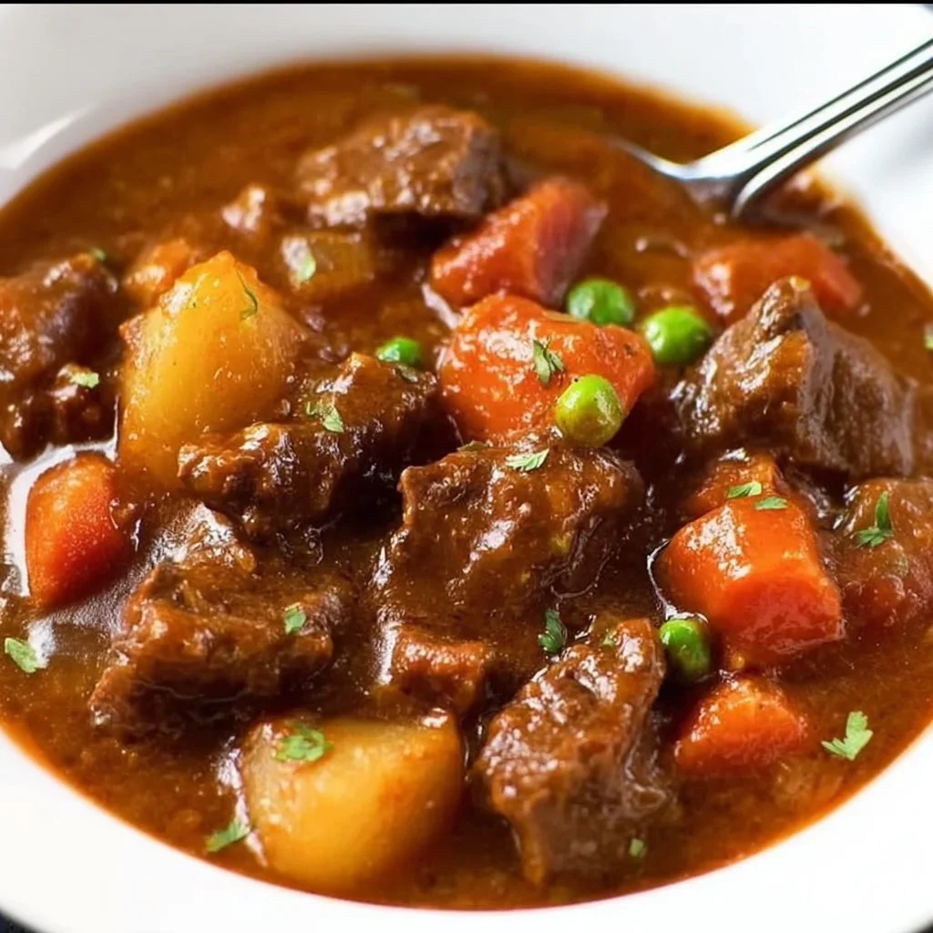 A hearty bowl of slow cooker beef stew with vegetables and rich broth