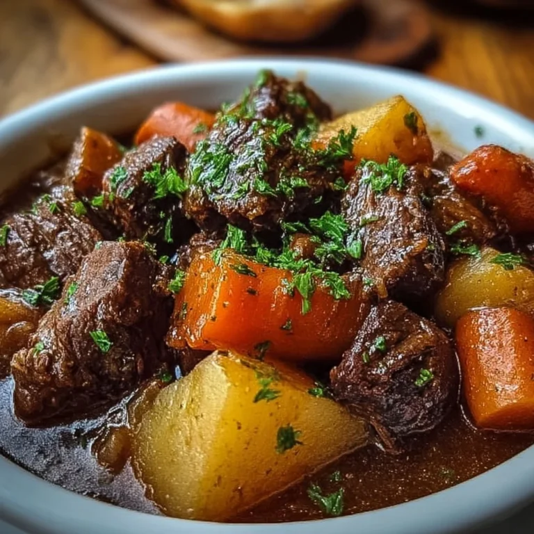 Delicious slow cooker beef stew with root vegetables in a bowl