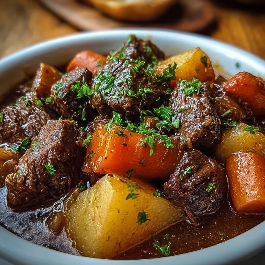 Delicious slow cooker beef stew with root vegetables in a bowl