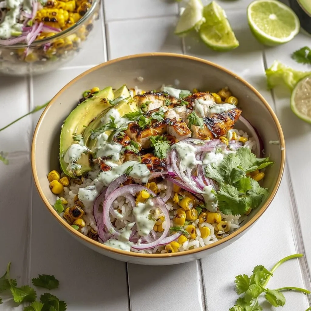 Smoky Street Corn Chicken Bowl with grilled chicken and corn toppings