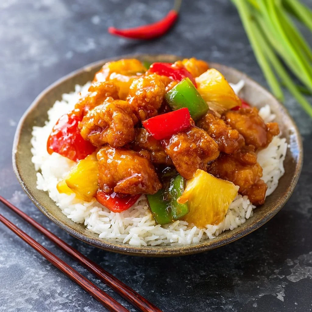 Plate of homemade Sweet and Sour Chicken with vibrant vegetables