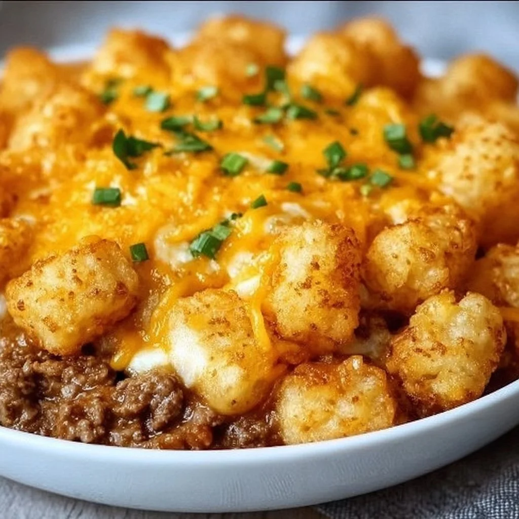 Delicious tater tot casserole served in a baking dish