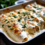 Creamy white chicken enchiladas topped with cheese and green sauce