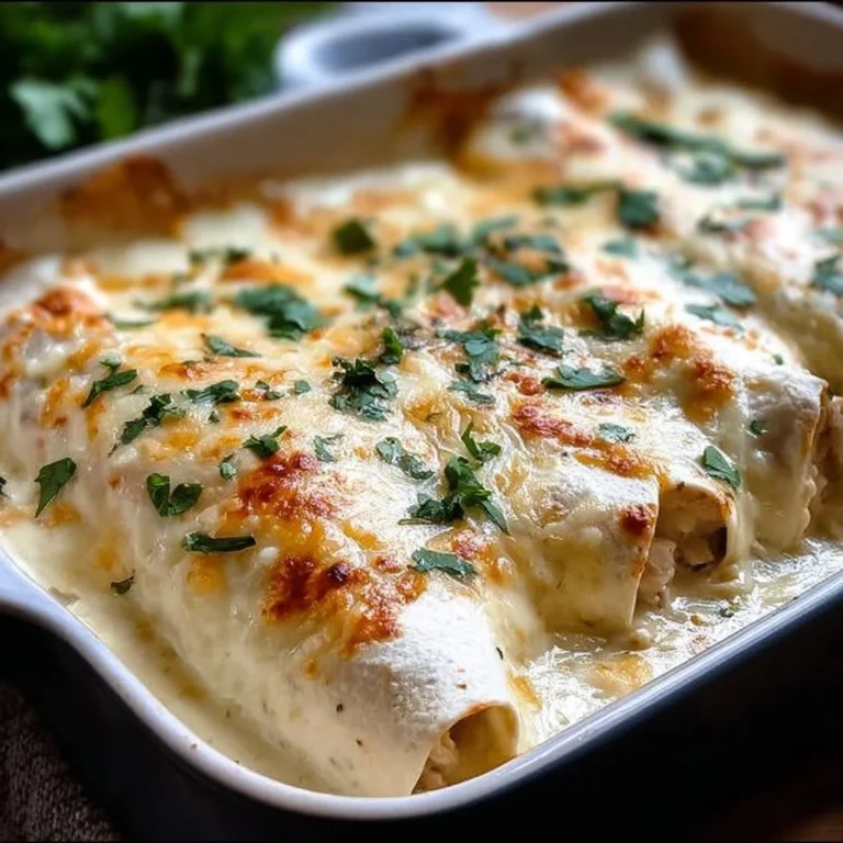 Creamy white chicken enchiladas topped with cheese and green sauce