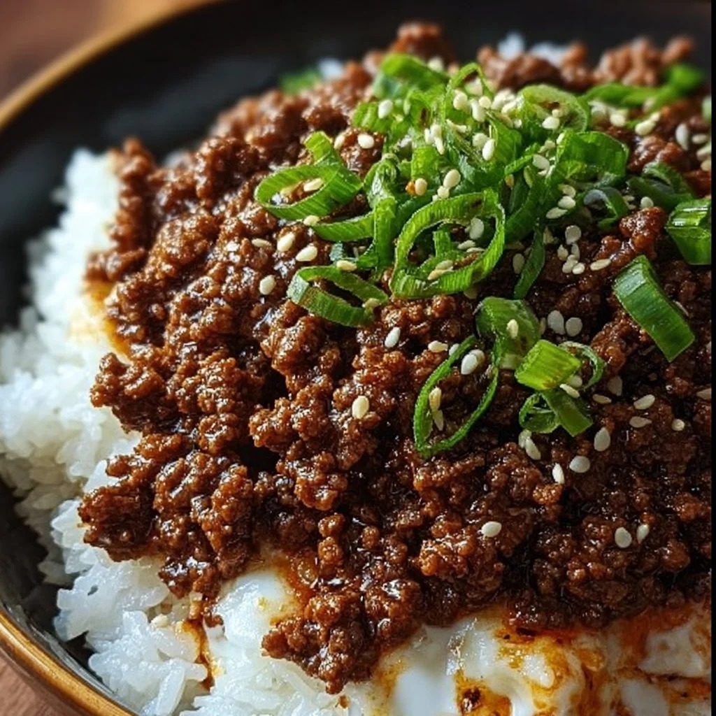 Delicious Korean ground beef bowl topped with green onions and sesame seeds