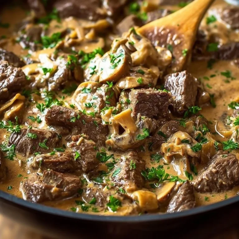Delicious bowl of authentic beef stroganoff served with noodles and herbs