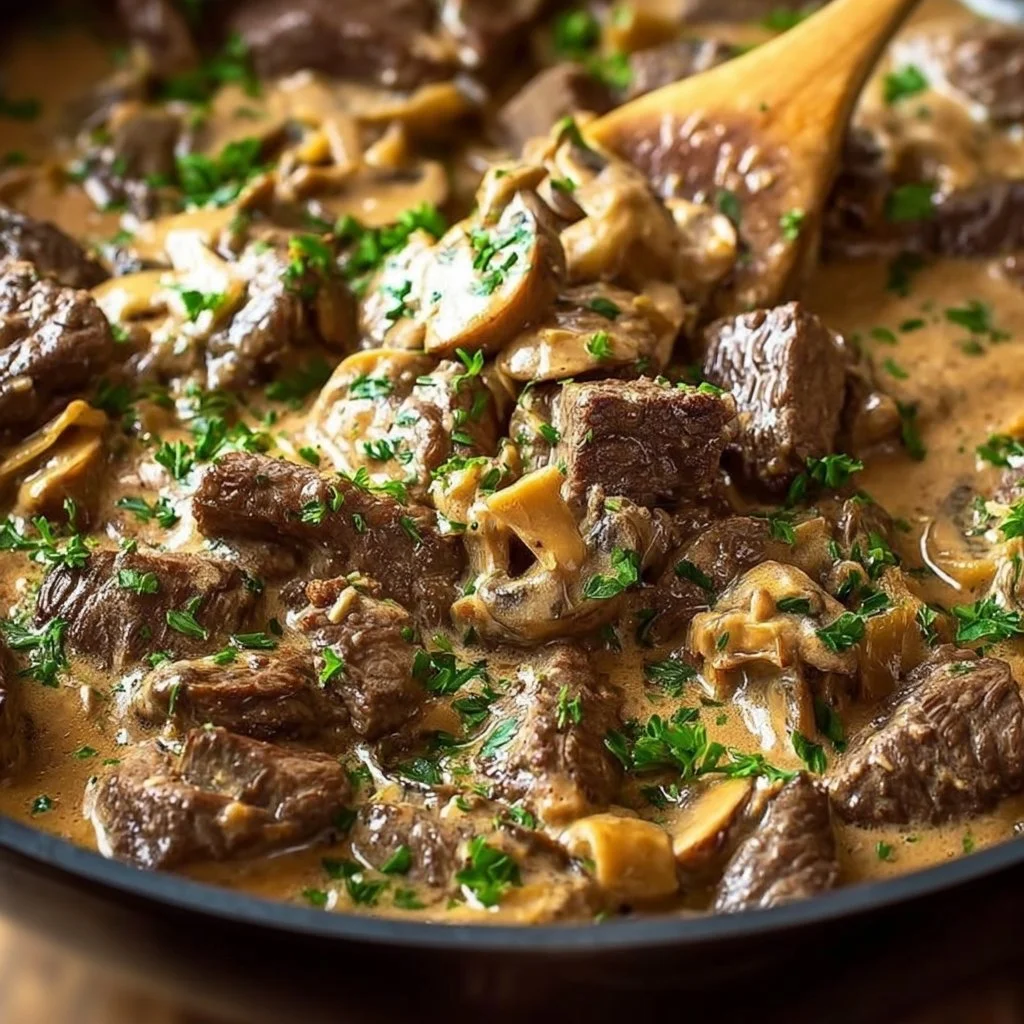 Delicious bowl of authentic beef stroganoff served with noodles and herbs