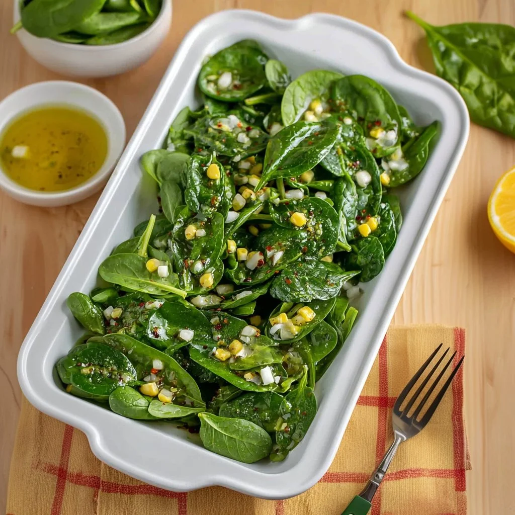Fresh Baby Spinach Salad with Lemon Dijon Dressing and colorful vegetables