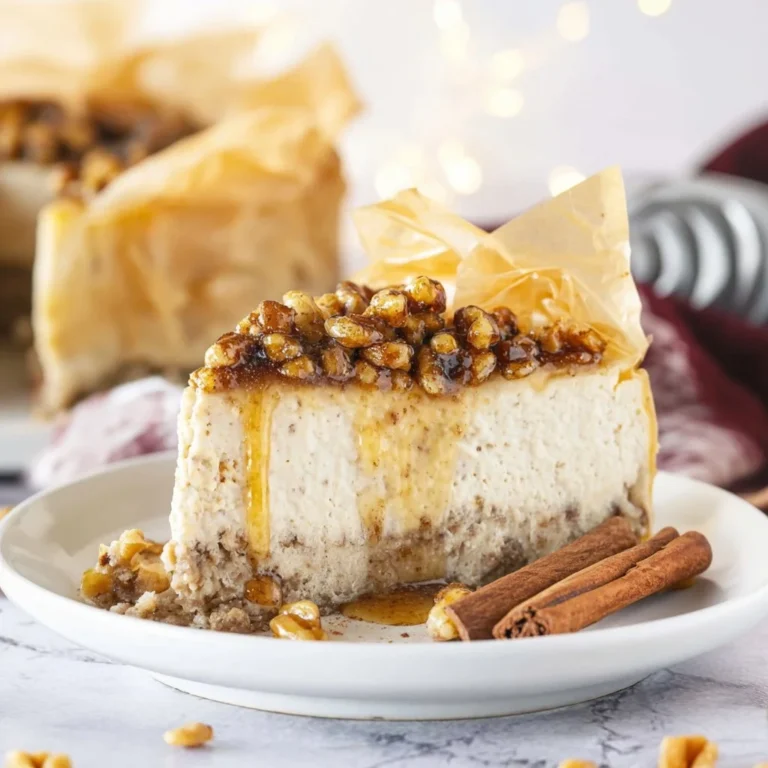 Delicious slice of Baklava Cheesecake topped with nuts and syrup.