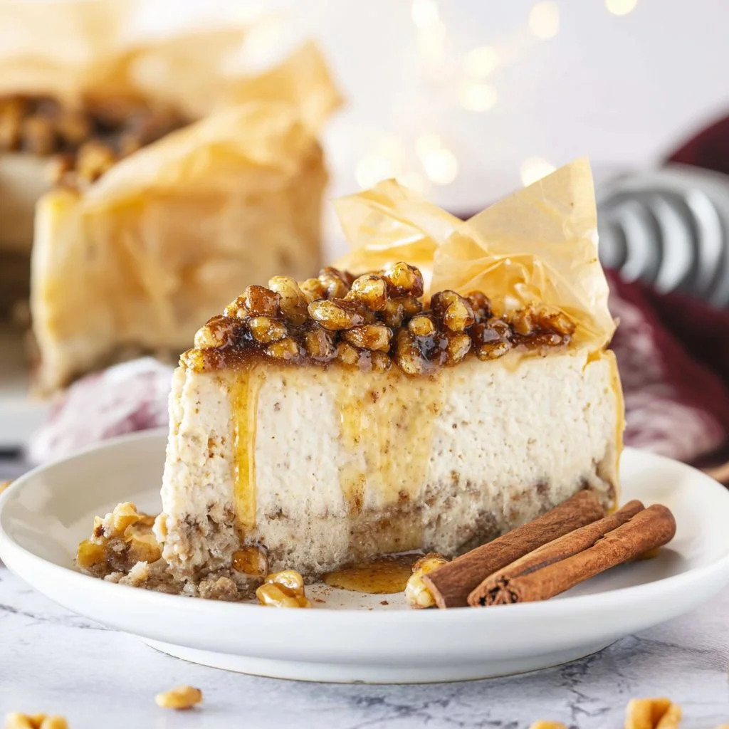 Delicious slice of Baklava Cheesecake topped with nuts and syrup.
