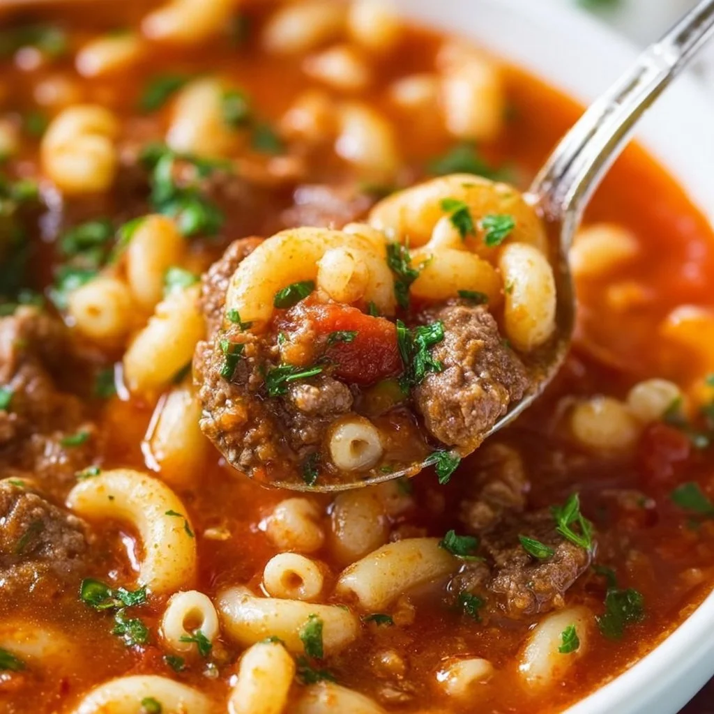 Delicious Beef and Macaroni Soup served in a bowl