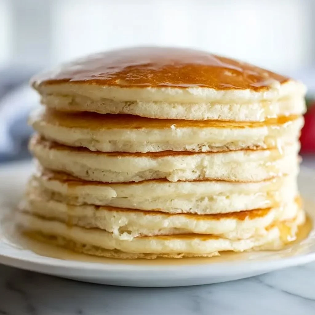 Delicious homemade pancakes stacked on a plate with syrup and berries.