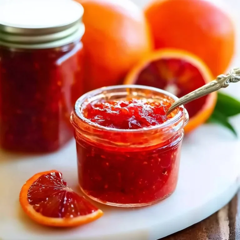 Jar of homemade Blood Orange Marmalade on a wooden table