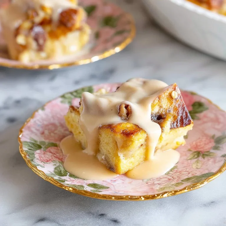 Delicious homemade bread pudding served in a rustic dish with caramel sauce