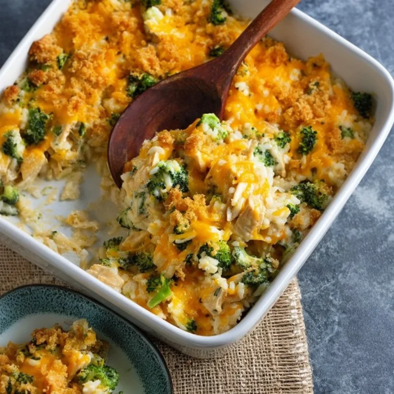 Broccoli Cheddar Chicken and Rice Casserole in a baking dish