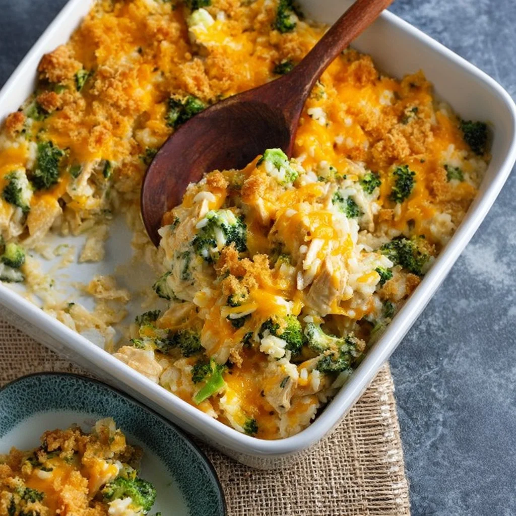 Broccoli Cheddar Chicken and Rice Casserole in a baking dish