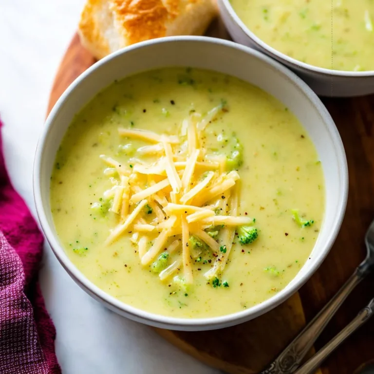 Bowl of creamy Broccoli Cheese Soup garnished with fresh broccoli cheese.
