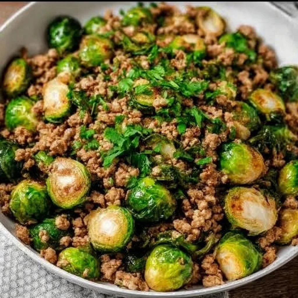 Brussels sprouts and ground turkey skillet dish served in a frying pan.