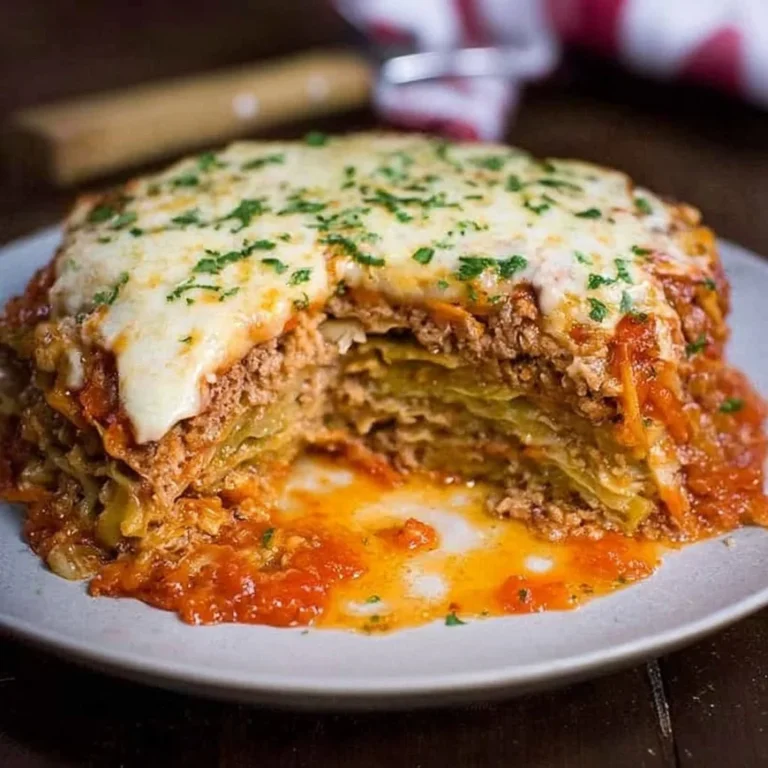 Cabbage Lasagna layered with cheese and meat, a healthy alternative to pasta lasagna