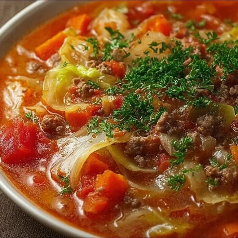 Bowl of delicious homemade cabbage roll soup garnished with herbs