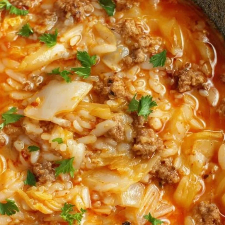 Bowl of hearty cabbage roll soup garnished with fresh herbs