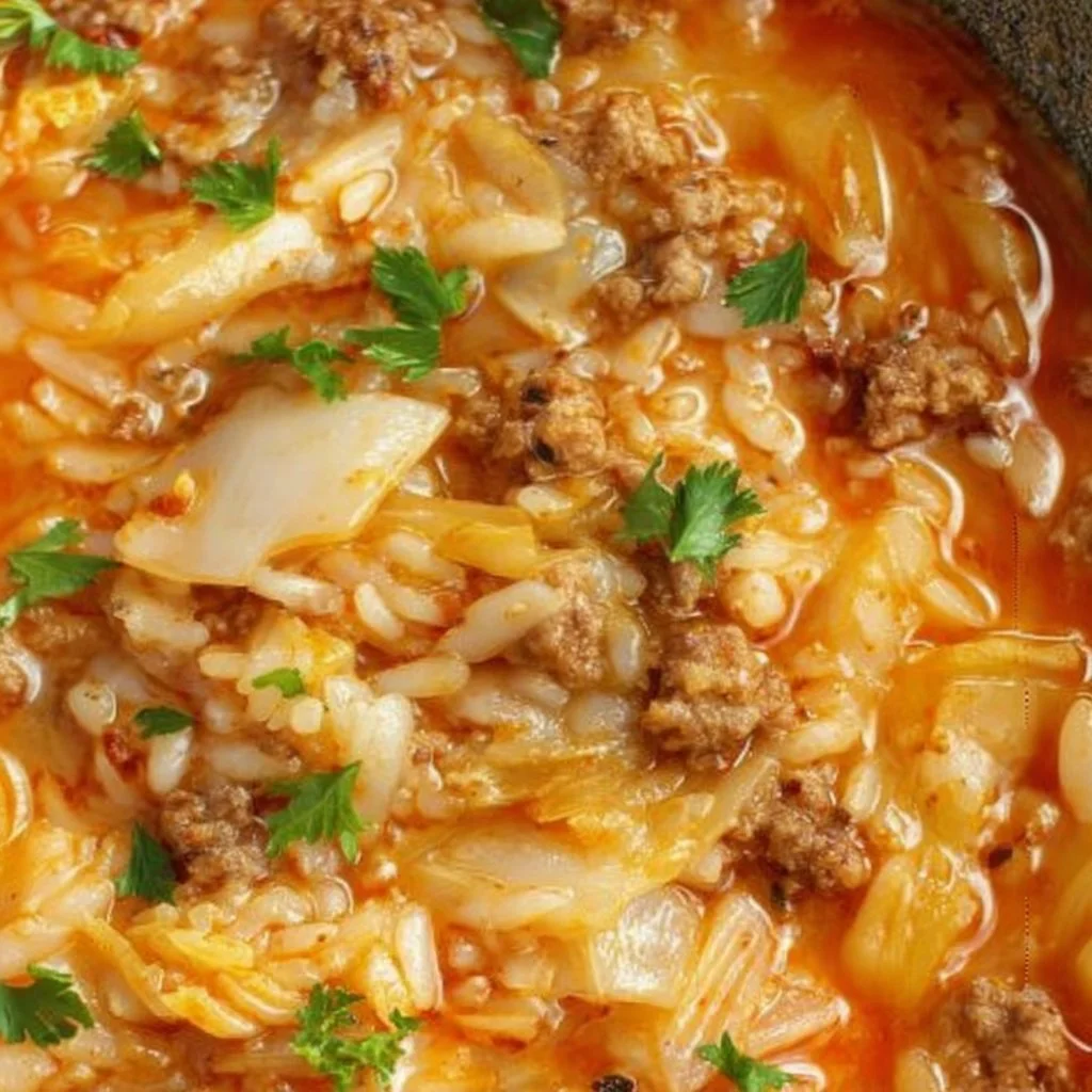Bowl of hearty cabbage roll soup garnished with fresh herbs
