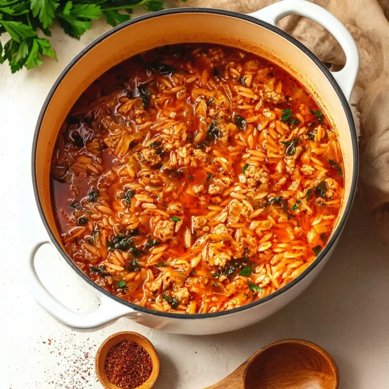 Delicious cabbage soup with sausage and orzo served in a bowl