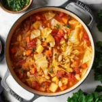 Bowl of healthy homemade cabbage soup with fresh vegetables