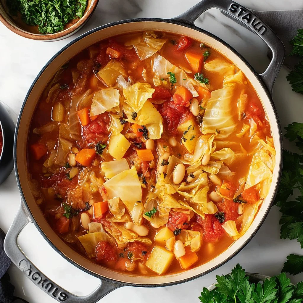 Bowl of healthy homemade cabbage soup with fresh vegetables