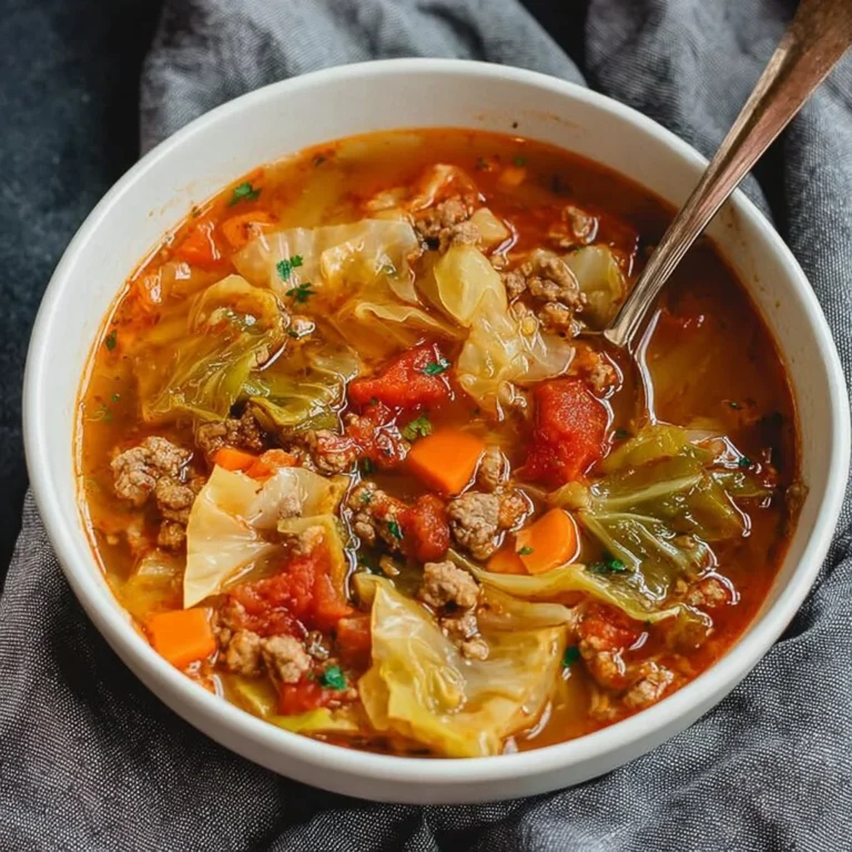 A comforting bowl of cabbage soup with ground beef, garnished and steaming.