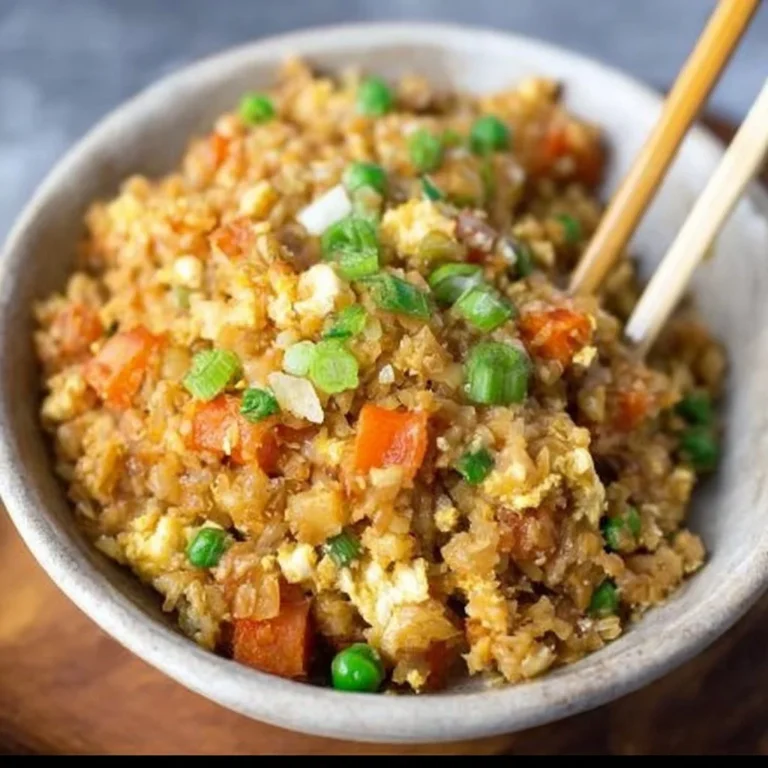 Bowl of healthy cauliflower fried rice with colorful vegetables