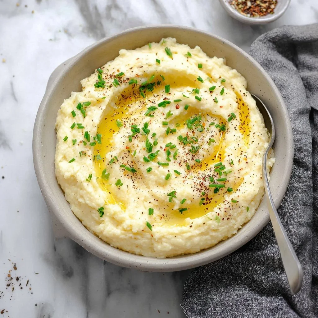 Creamy cauliflower mashed potatoes in a bowl, garnished with herbs.